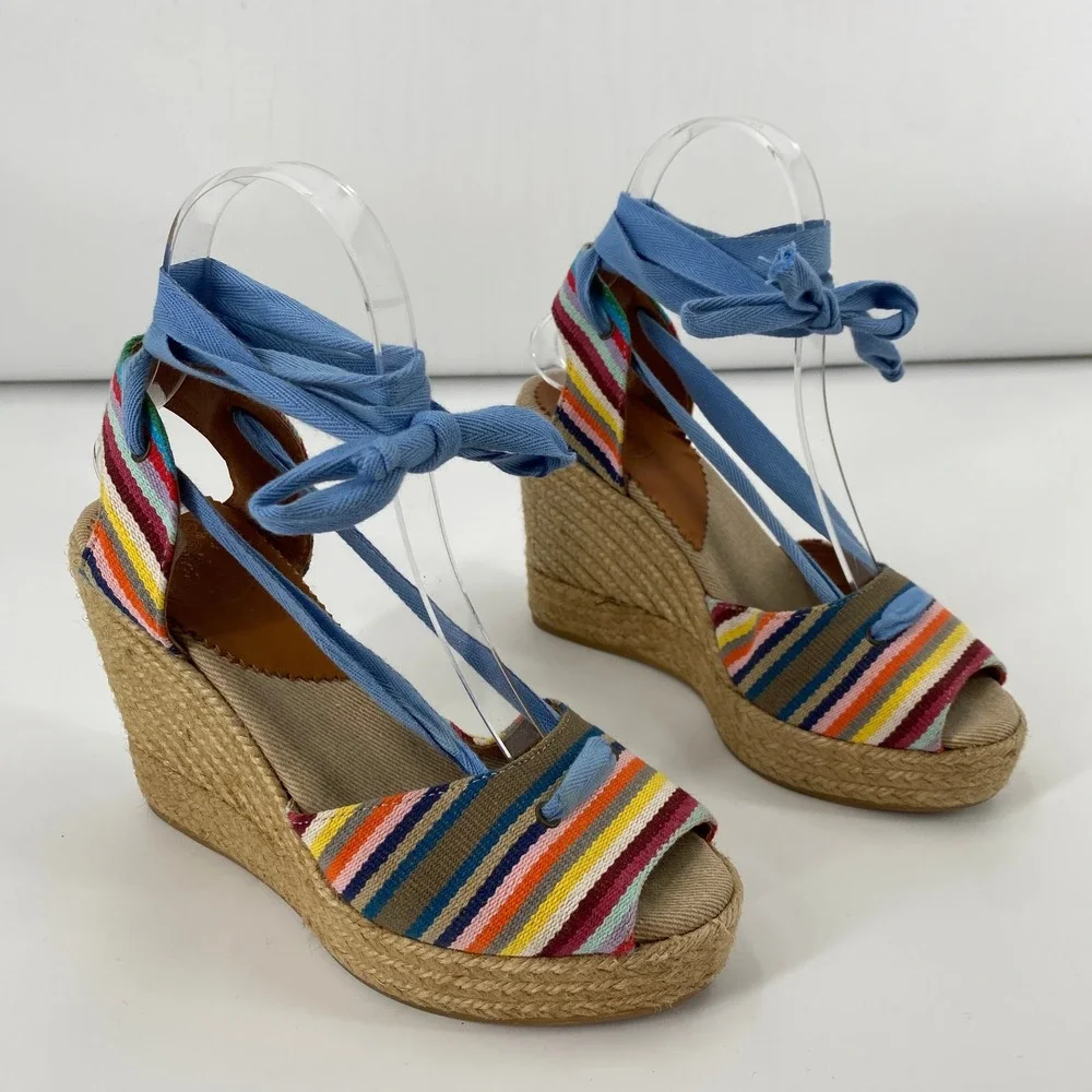 Penelope Chilvers‎ Espadrille Wedge Sandals Women 36 Multicolor Striped Lace Up